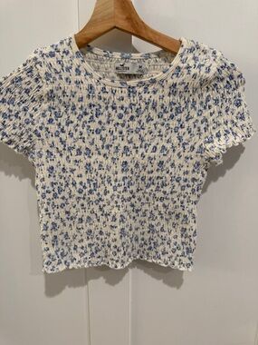 Hollister Cream Top with Blue Floral Smocking